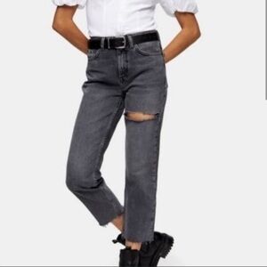 Topshop | Black Distressed Raw Hem High Rise Straight Leg Thigh Rip Jeans |Sz 28
